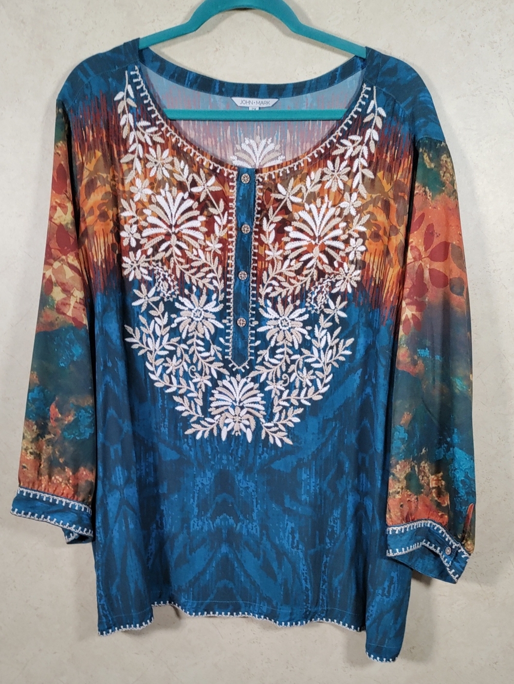 H183 John Mark Teal & Rust Floral Embroidered Tunic